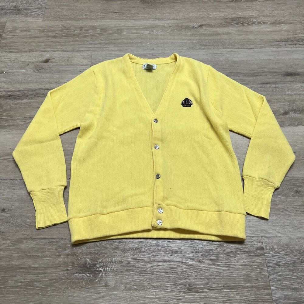 Vintage IZOD Cardigan Sweater Mens Large Yellow Preppy Knit Button Up